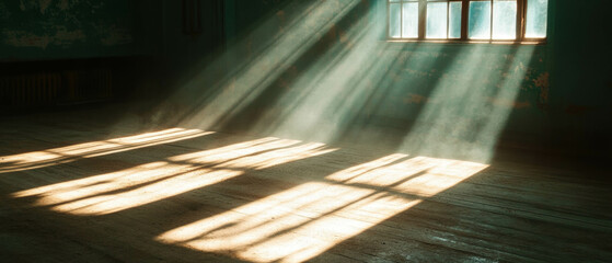 Aufkleber - Sun rays illuminate a dusty room creating a serene atmospheric effect