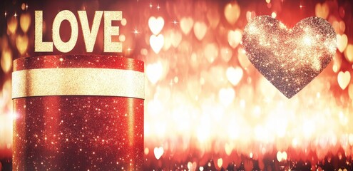 Poster - For Valentine's day, a red podium is used for product display, illuminated by heart neon lights and surrounded by festive decorations. Product stand. Love. Modern illustration