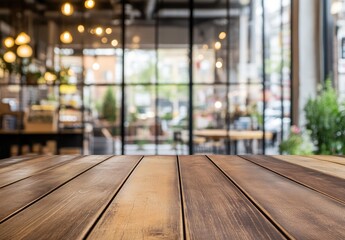 Aufkleber - Empty wooden table top with a blurred coffee shop interior in the background, featuring a retro filter and depth blur, ideal for product display montages