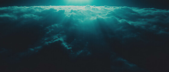 Poster - Sun rays penetrating fog create a mysterious and atmospheric landscape at dawn