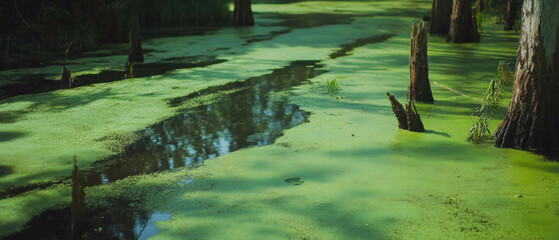 Poster - Mysterious swamp with murky water and dense vegetation under humid conditions