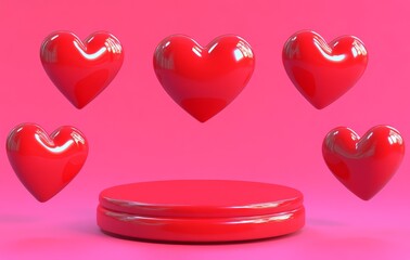 Poster - A pink background featuring floating red heart-shaped balloons on a podium for Valentine's Day
