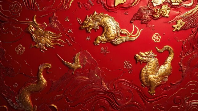 Chinese New Year 2025 red envelope featuring golden zodiac designs and auspicious symbols on a red background