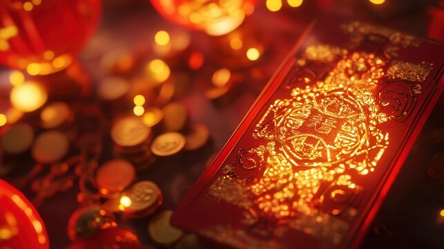 Chinese New Year 2025 red envelope glowing with gold patterns, surrounded by traditional decorations like lanterns and coins