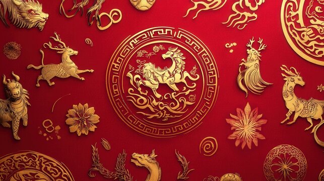 Chinese New Year 2025 red envelope featuring golden zodiac designs and auspicious symbols on a red background