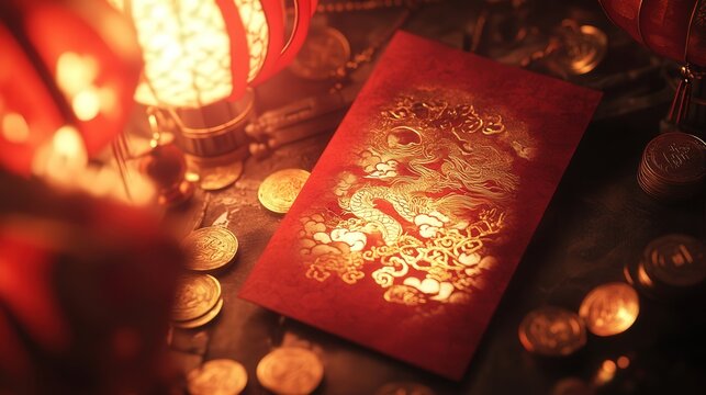 Chinese New Year 2025 red envelope glowing with gold patterns, surrounded by traditional decorations like lanterns and coins