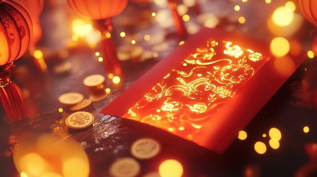 Chinese New Year 2025 red envelope glowing with gold patterns, surrounded by traditional decorations like lanterns and coins