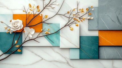 Poster - Tranquil marble tableau featuring a harmonious arrangement of geometric shapes and organic forms utilizing a calming palette of white gray