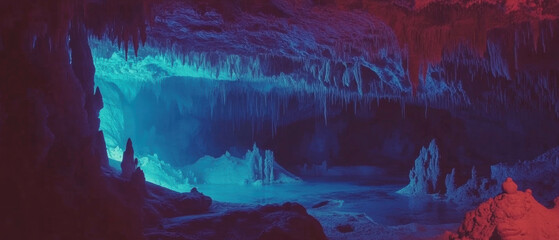 Poster - Exploration of a mysterious underground cave with glowing stalactites and stalagmites