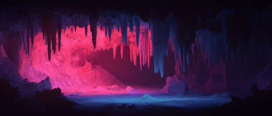 Poster - Mysterious underground cave with vibrant stalactites and stalagmites