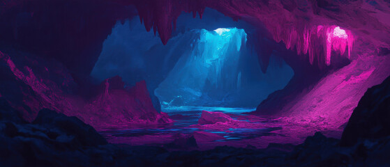 Poster - Mysterious underground cave with hidden river flowing through vibrant rock formations