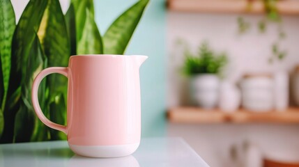 Wall Mural - Pink ceramic pitcher on a kitchen counter with greenery. Generative AI