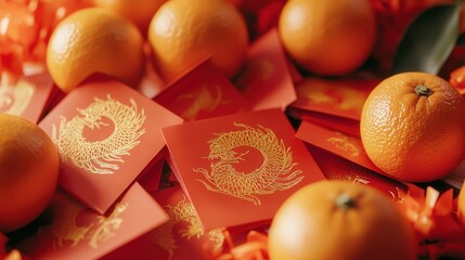 Wall Mural - red envelopes with golden dragon patterns, surrounded by oranges and red paper decorations for Chinese New Year.