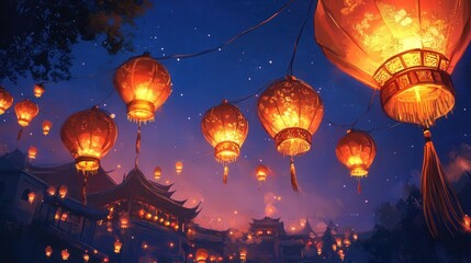 Poster - traditional Chinese lanterns glowing softly, with their tassels swaying gently in the wind under a clear night sky.