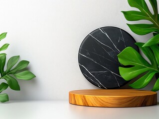 Poster - Minimalist marble texture podium displayed against a clean white wall with lush green plants creating a natural and modern studio composition for product display or interior design template