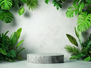 Poster - Marble textured podium or platform against a clean white wall backdrop with lush green tropical plants and foliage  Minimalist and contemporary scene for product display advertising
