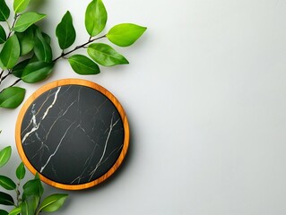 Poster - Marble texture podium placed against a clean white wall with lush green plants in the background creating a modern minimal and natural setting for product display or presentation