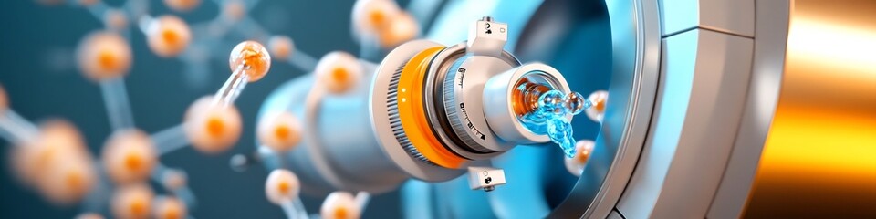 Poster - Close up 3D rendering of a sophisticated mass spectrometer device precisely measuring the frequency of molecular ions showcasing the advanced scientific technology used for analytical research