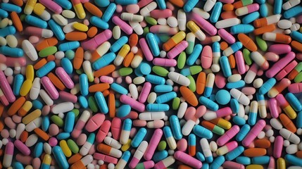 Poster - Numerous colorful pills and capsules are scattered across a surface, forming a vibrant and textured backdrop related to medicine, pharmaceuticals, and healthcare