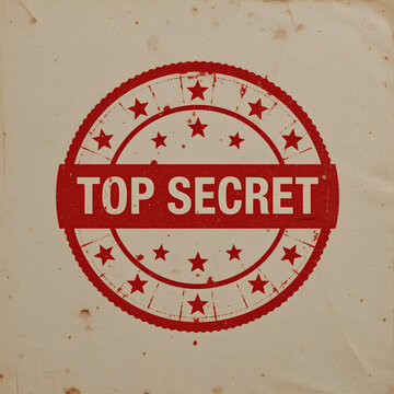 Red circular top secret stamp with bold text, stars, and confidential company branding for an official secure design.