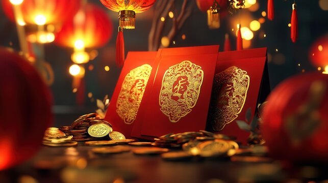 Chinese New Year 2025 red envelopes with gold foil patterns, surrounded by auspicious coins and lanterns