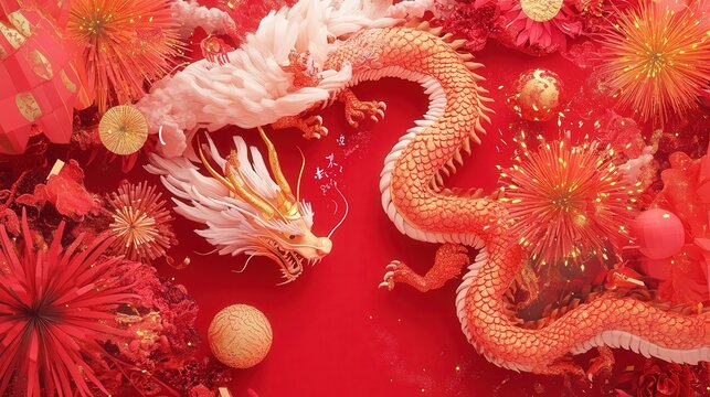 Chinese New Year 2025 invitation sign featuring fireworks, zodiac symbols, and golden dragons against a red background