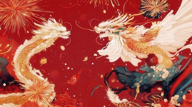 Chinese New Year 2025 invitation sign featuring fireworks, zodiac symbols, and golden dragons against a red background