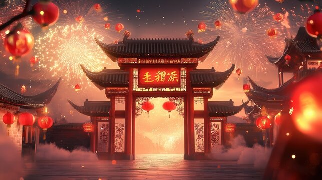Chinese New Year 2025 invitation sign featuring fireworks, a traditional gate, and auspicious symbols of luck and happiness
