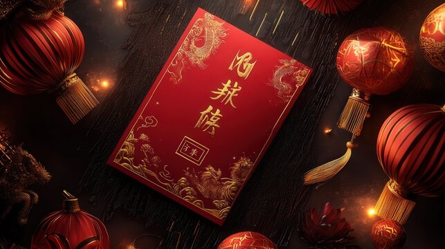 Chinese New Year 2025 red envelope with elegant gold lettering, surrounded by glowing lanterns and zodiac-inspired designs