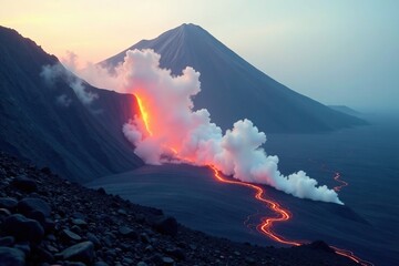 ethereal white smoke on dark volcanic landscape, misty, lava flow, mountain