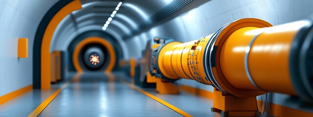 Poster - 3D rendering of a particle accelerator measuring the frequency of particle collisions in a futuristic blue and orange geometric tunnel