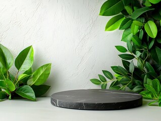Poster - Marble textured podium or platform against a clean white wall with lush green plants in a minimal contemporary setup  This scene can be used for product display branding advertising