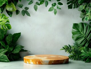 Poster - Elegant marble textured podium or pedestal set against a minimalist white wall backdrop with lush green tropical plants and foliage