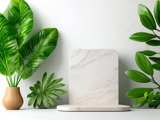Poster - Elegant marble texture podium or platform against a clean white wall with lush green tropical leaves and plants providing a minimalist and sophisticated background for product display branding
