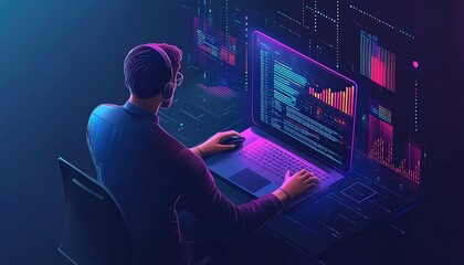 Poster - Programmer or Computer Engineer working on a laptop with server room, IT, technology and database. Concept of digital technology, IT support, telecommunications and IT security, HD image