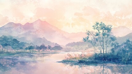 Wall Mural - Serene Mountain Lake at Sunrise: A Watercolor Landscape