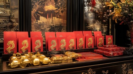 Wall Mural - red envelopes with dragon illustrations, surrounded by gold ingots and auspicious decorations.