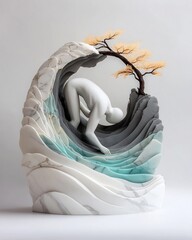 Poster - Serene Marble Sculpture Depicting a Graceful Human Figure in a Peaceful Pose Carved with Intricate Details and Smooth Flowing Lines