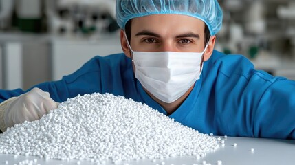 Poster - Close-up view of a man in a blue uniform with a mask using a tablet while working on microchips in a clean room environment