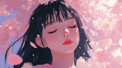 Wall Mural - Girl with long black hair is sleeping with her eyes closed. The background is pink and has cherry blossoms