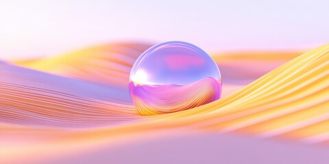 Wall Mural - iridescent bubble reflecting colors on softly curved sand dunes at sunrise: a perfect blend of natur