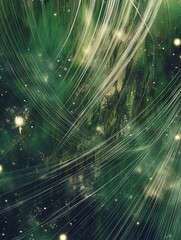 Poster - An otherworldly digital artwork with a lush green backdrop, shimmering with light and crisscrossed by ethereal lines, evoking a sense of cosmic wonder
