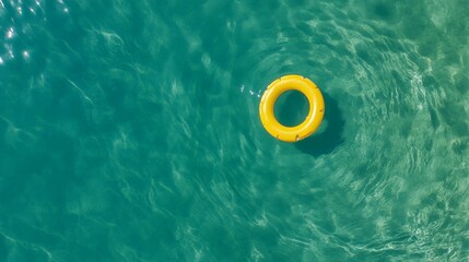 Poster - Yellow inflatable ring floating on turquoise transparent water surface in summer sunlight, creating ripples and offering a relaxing vacation vibe