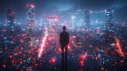 Poster - The future of business interactions unfolds as a man navigates a holographic screen in an ultramodern office setting
