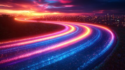 Poster - Rapidly moving vibrant neon fiber optic cables generate abstract multicolored light patterns on a dark background, creating an electrifying visual effect