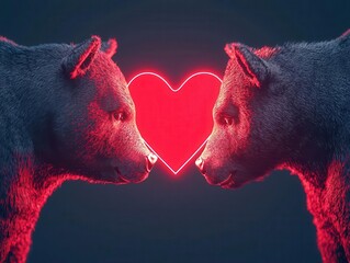 Bull and bear intertwined with a glowing red heart, Valentines Day, stock market symbol, financial love