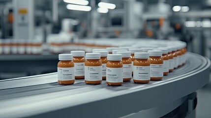 Poster - Close-up of a stainless steel machine filling medical vials on a conveyor in a healthcare production setting
