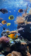 Aufkleber - A lively underwater scene showcases a diverse array of fish and coral. Vibrant colors and unique species create a captivating view of marine biodiversity around rocky formations
