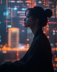 Poster - Focused Korean Woman Analyzing Market Trends in a Tech-Infused Setting