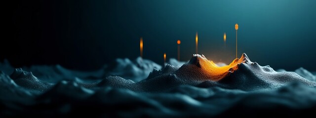 Poster - Sonar Display Showing Underwater Echoes Frequency Digital Technology  Panoramic 3D render of a futuristic sonar interface displaying the frequency and depth of underwater echoes creating a surreal